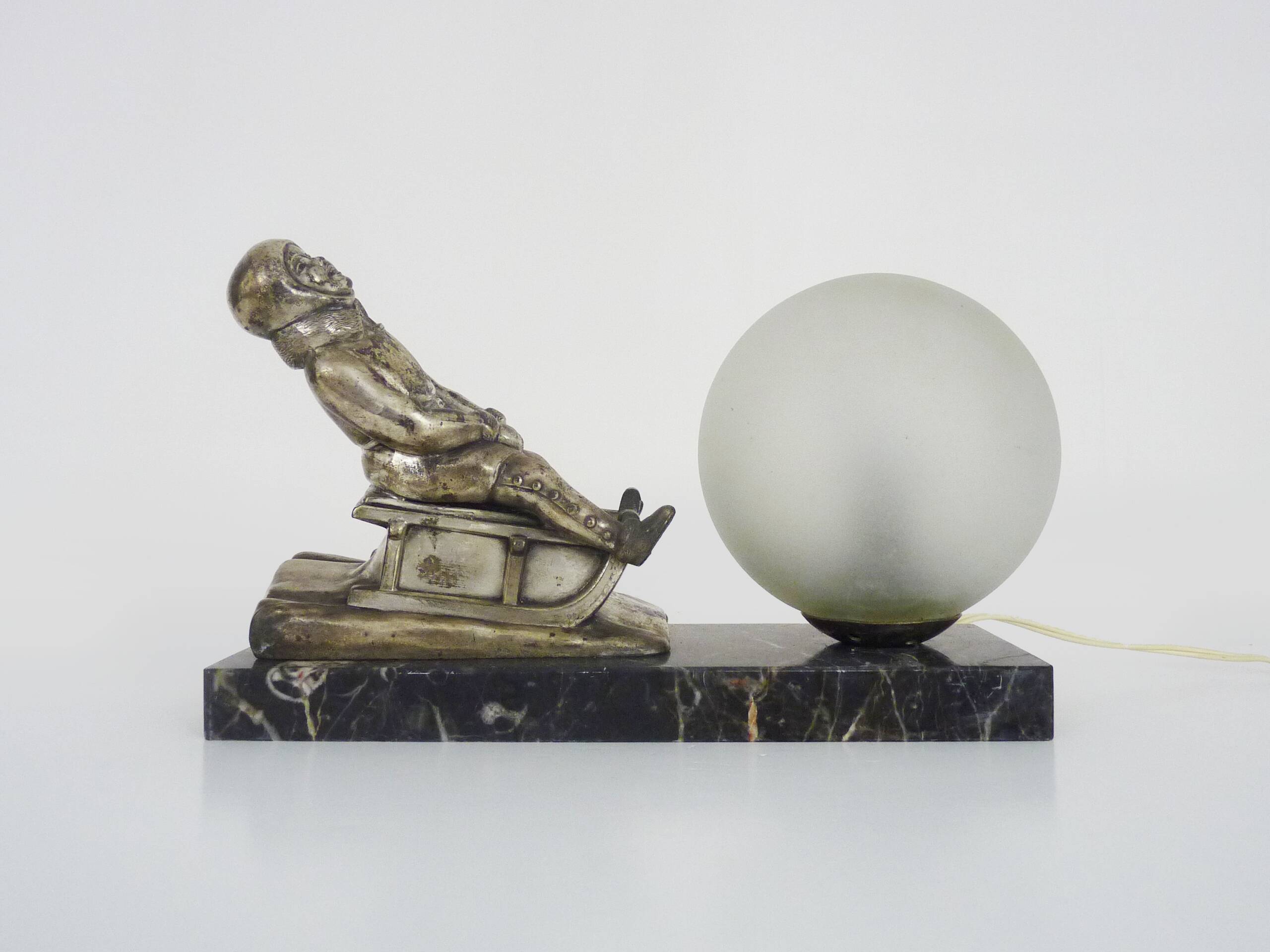 Lamp, Art Deco sled base night light in spelter on marble base