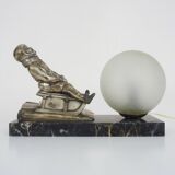Lamp, Art Deco sled base night light in spelter on marble base