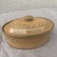Old terrine in glazed stoneware and floral decoration mustard yellow slip