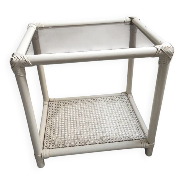 Table d'appoint en rotin et cannage avec plateau en verre teinté