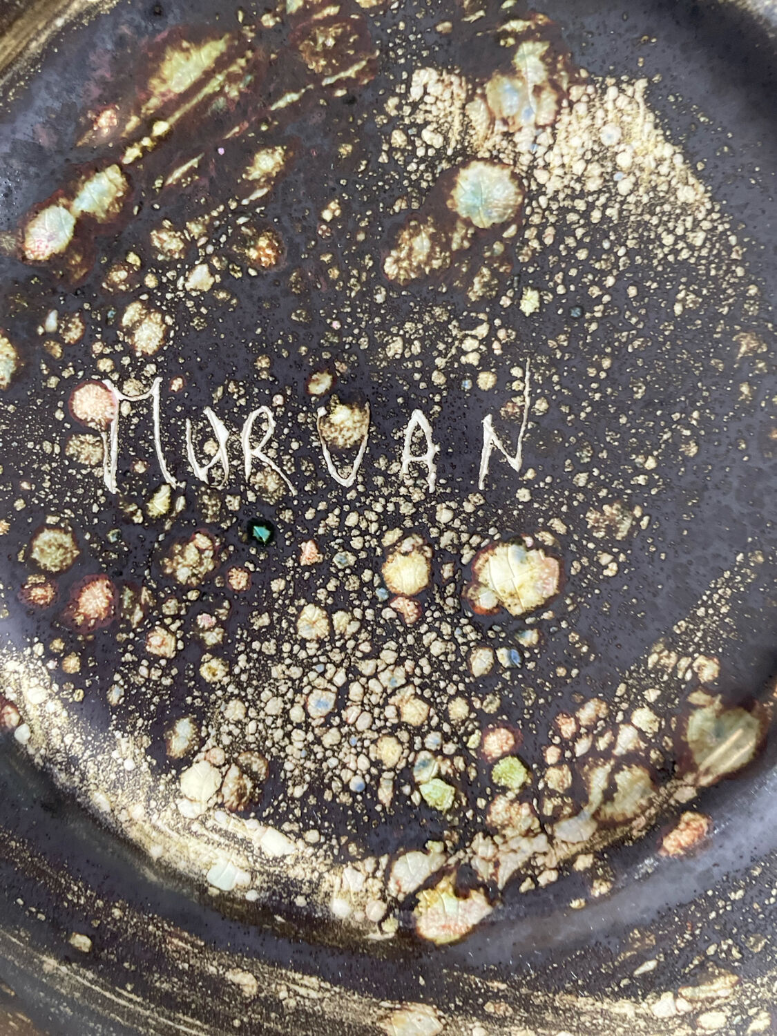 Set of 6 Morvan-signed glazed stoneware dinner plates – ceramics