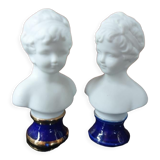 Pair of children's busts in blue lapis lazuli biscuit