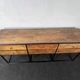 Antique wooden console with black metal base and 6 drawers