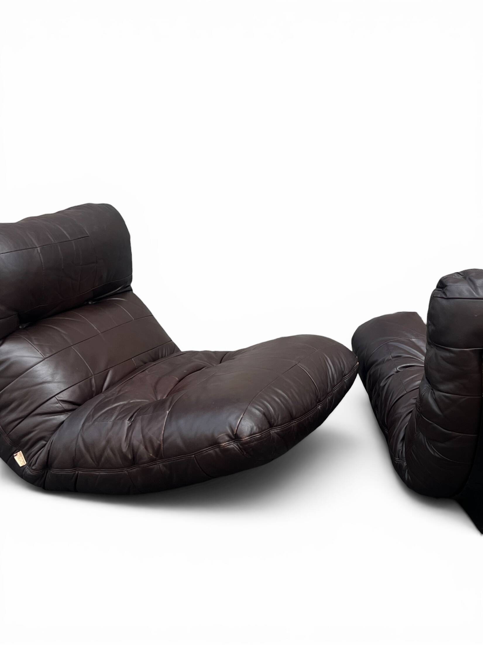 2 Marsala armchairs in plexiglass & brown patchwork leather, Ligne Roset 1970