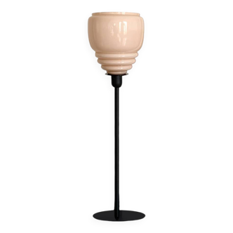 Table lamp made with a vintage powder pink glass globe