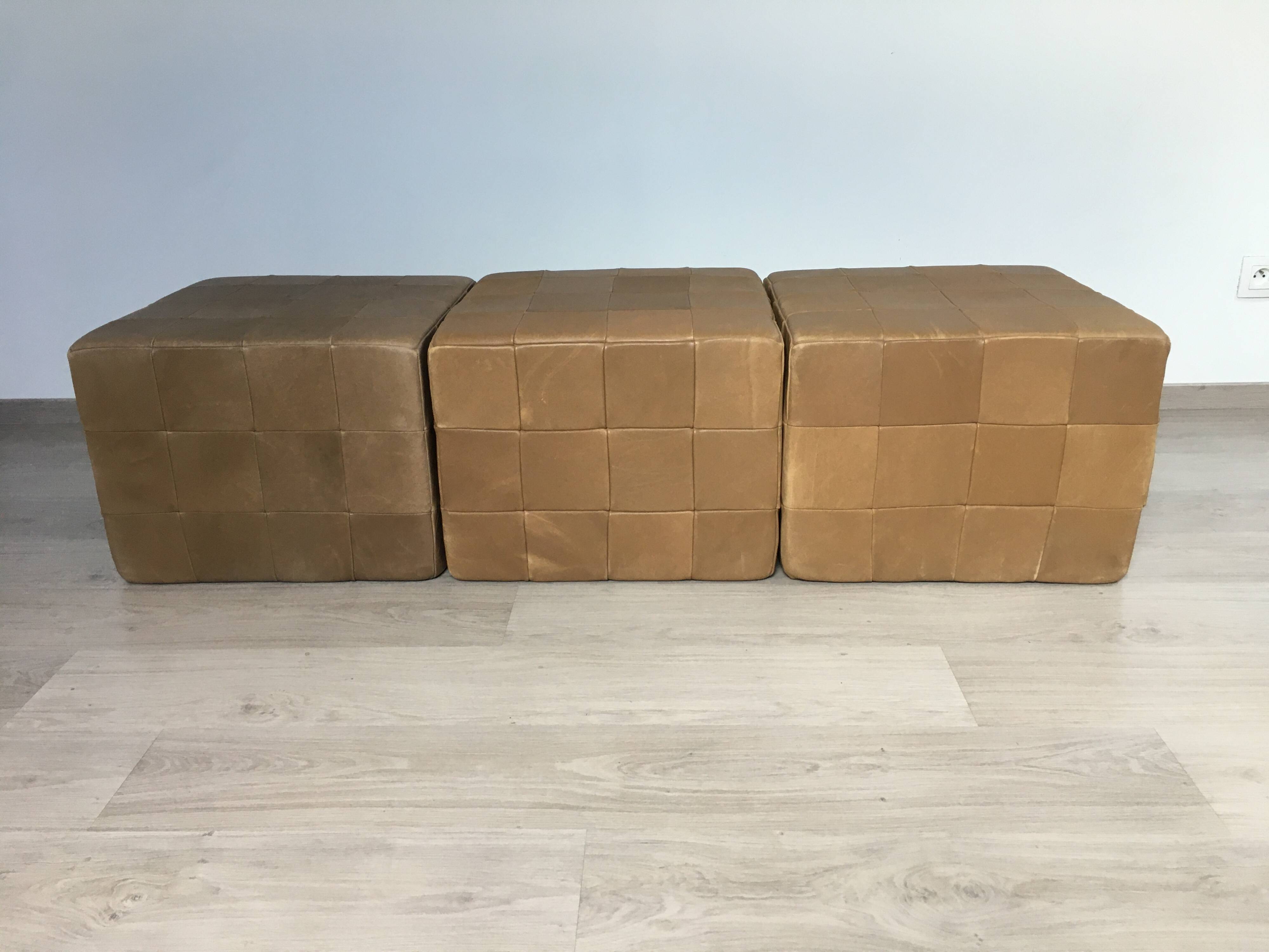 Set of 3 large Cubic De Sede Pouf Swiss leather 70s