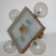 Mid-century vintage chandelier, 1950s, brass, wood and frosted glass, 4x E1