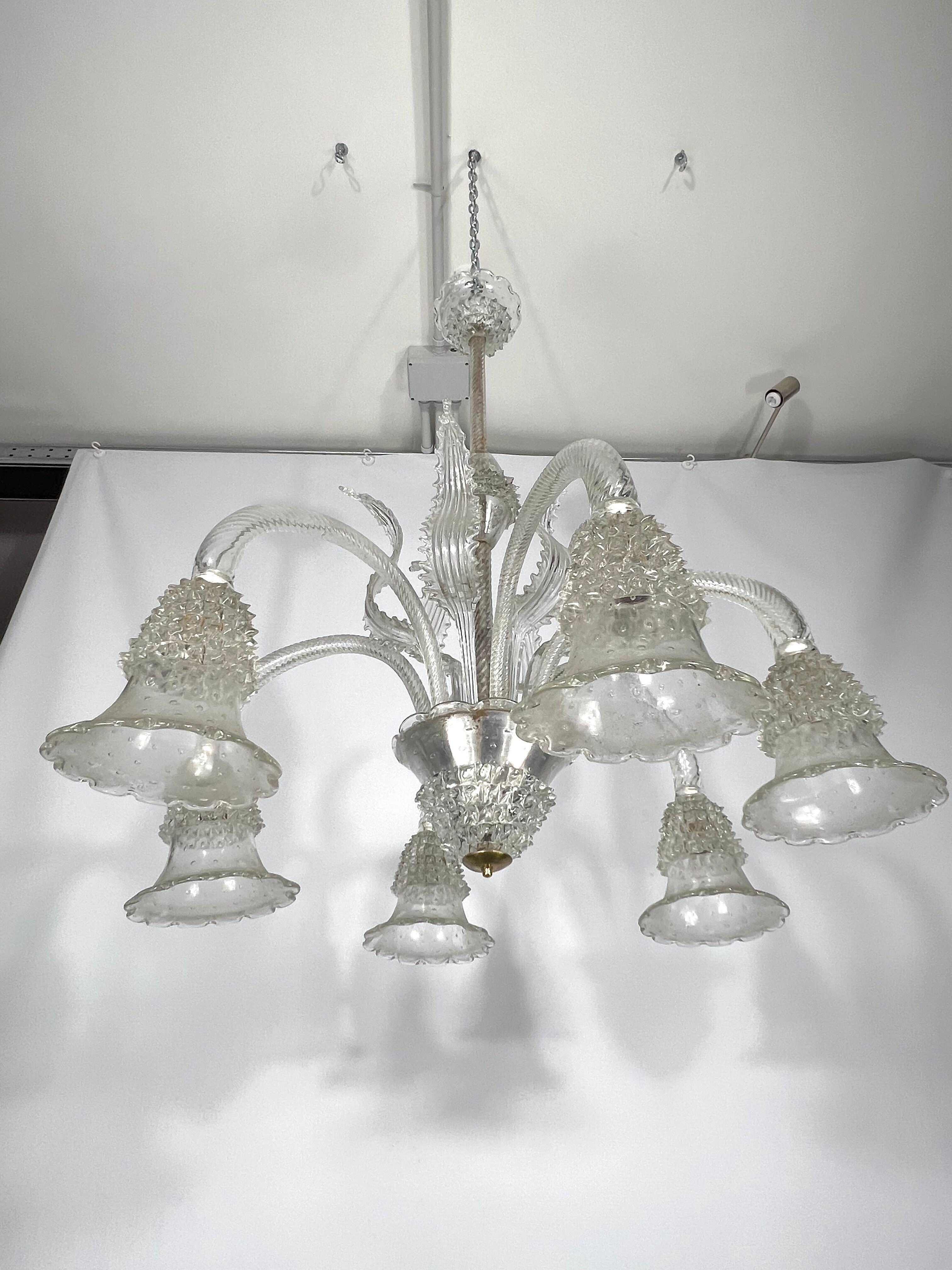 Mid-century six arms Murano Bullicante Rostrato chandelier by Ercole Barovier