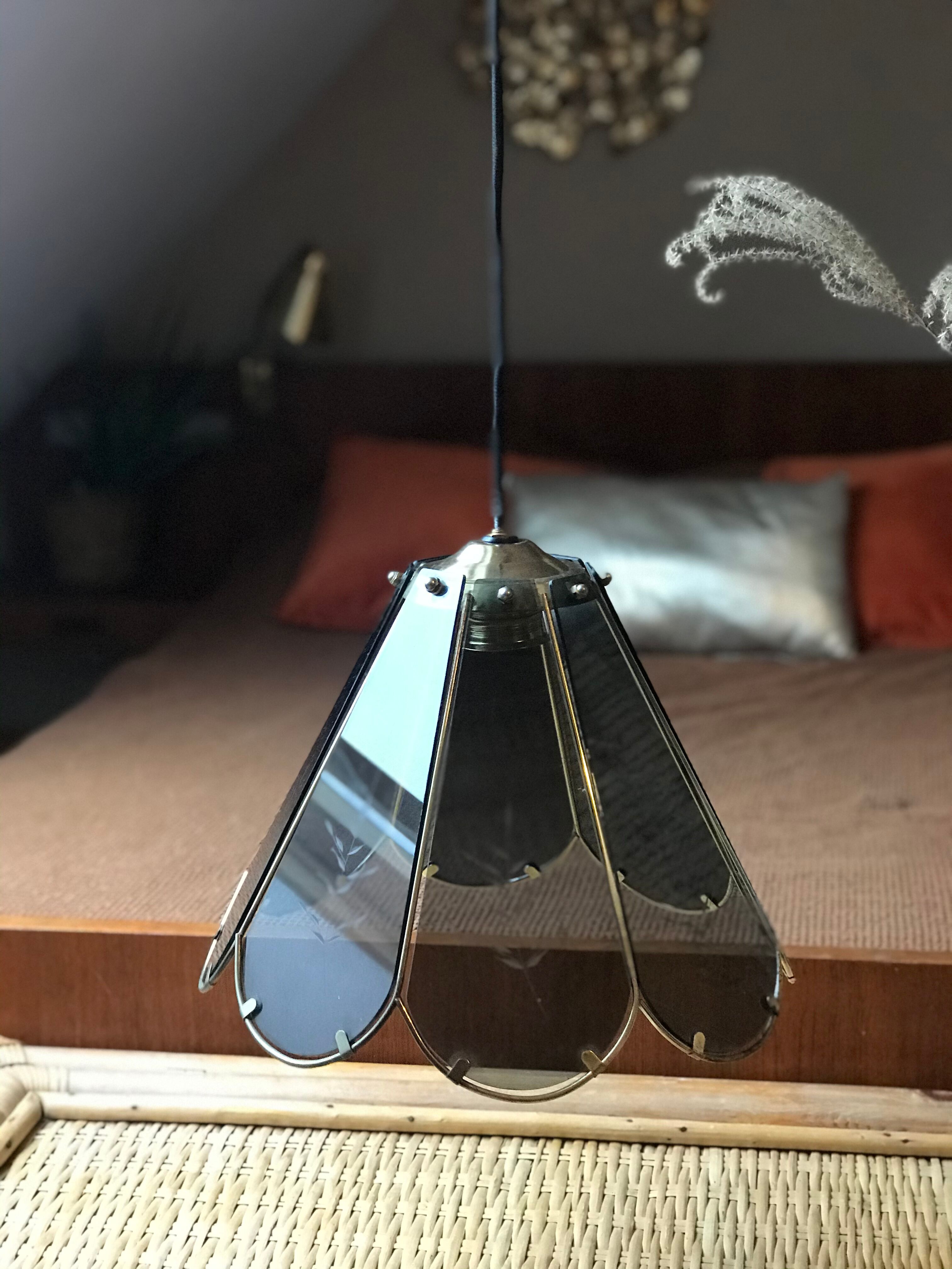 Vintage chandelier in smoked glass and gold metal