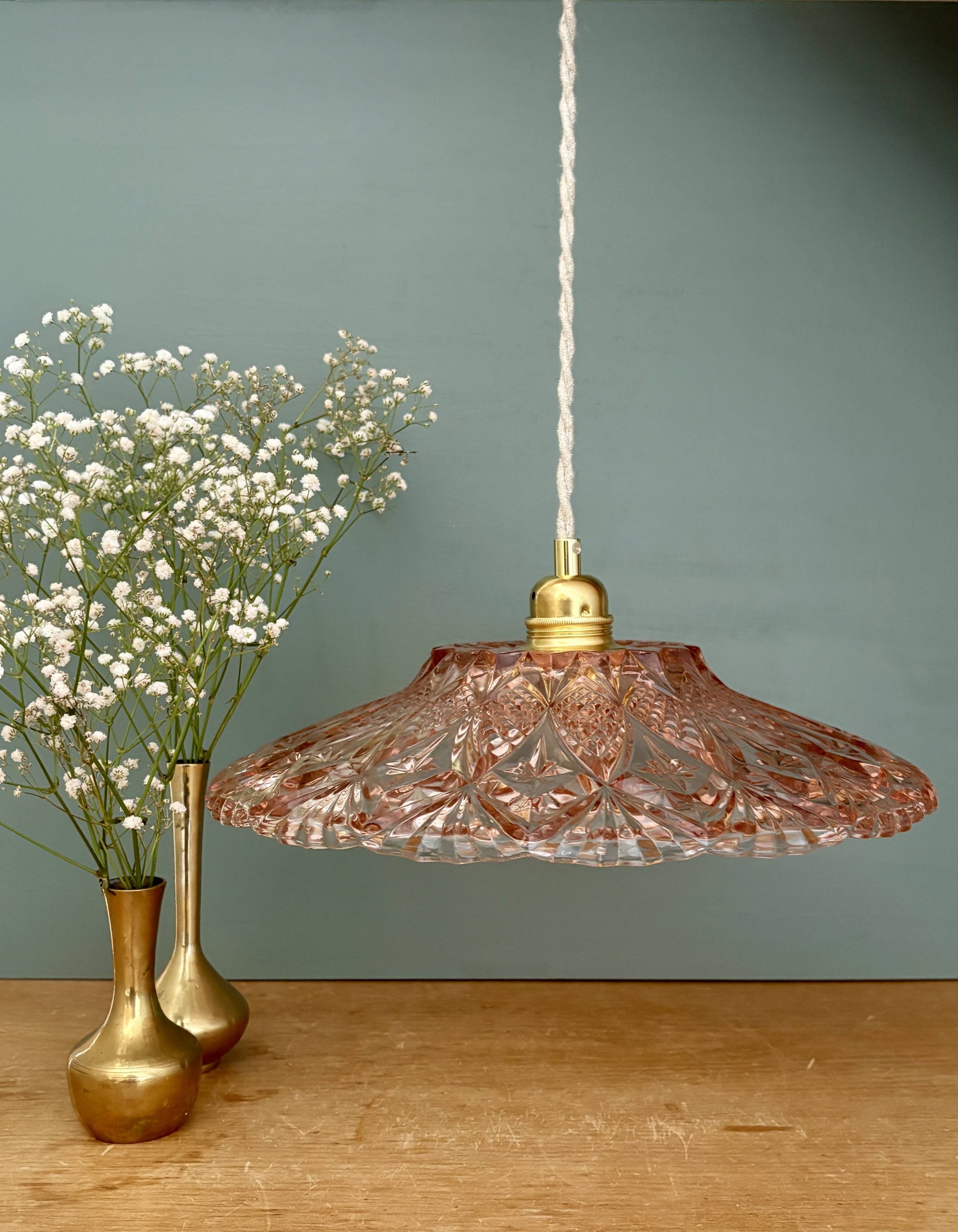 Vintage pink molded glass lampshade pendant light - tableware collection -