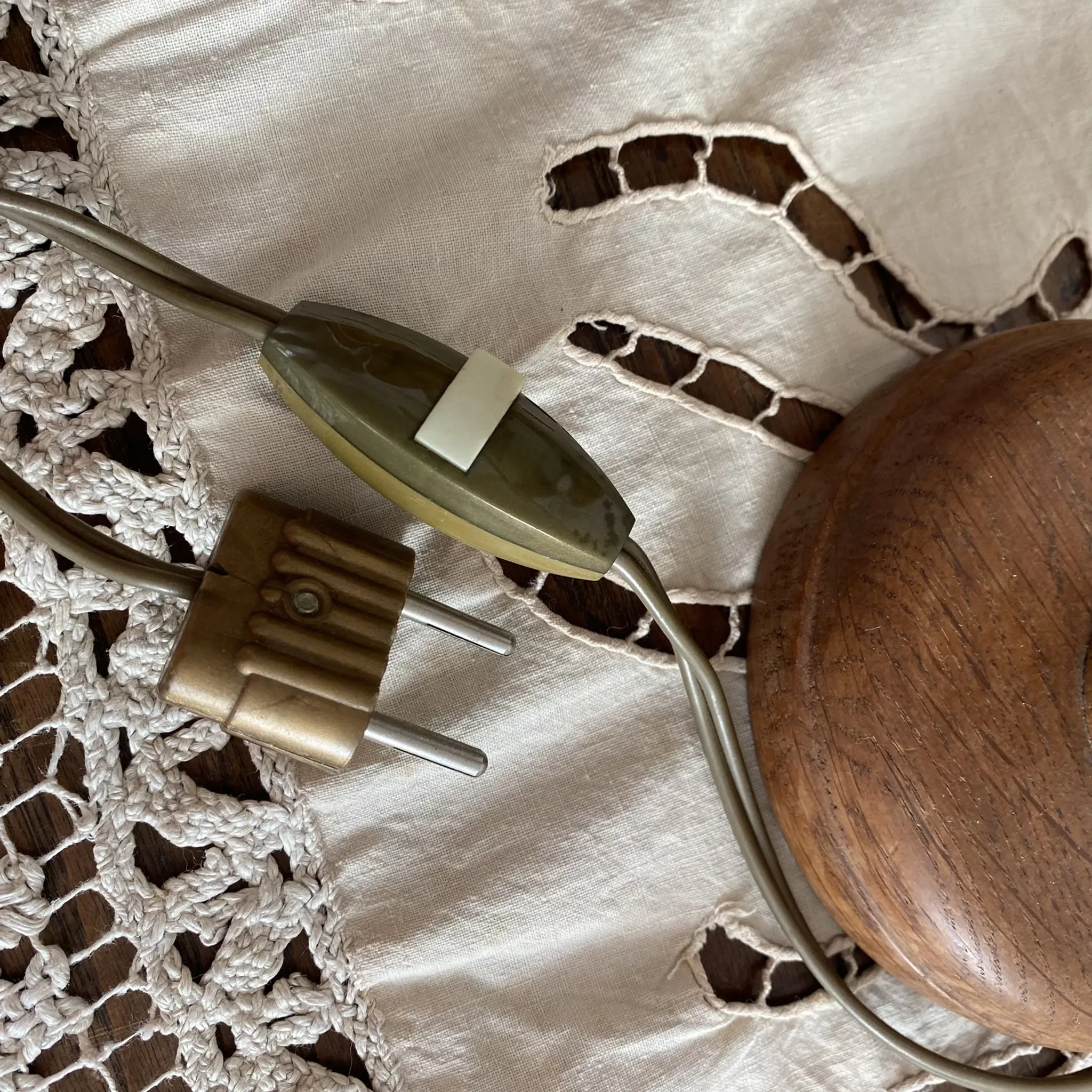Wooden turned bedside lamp with lace