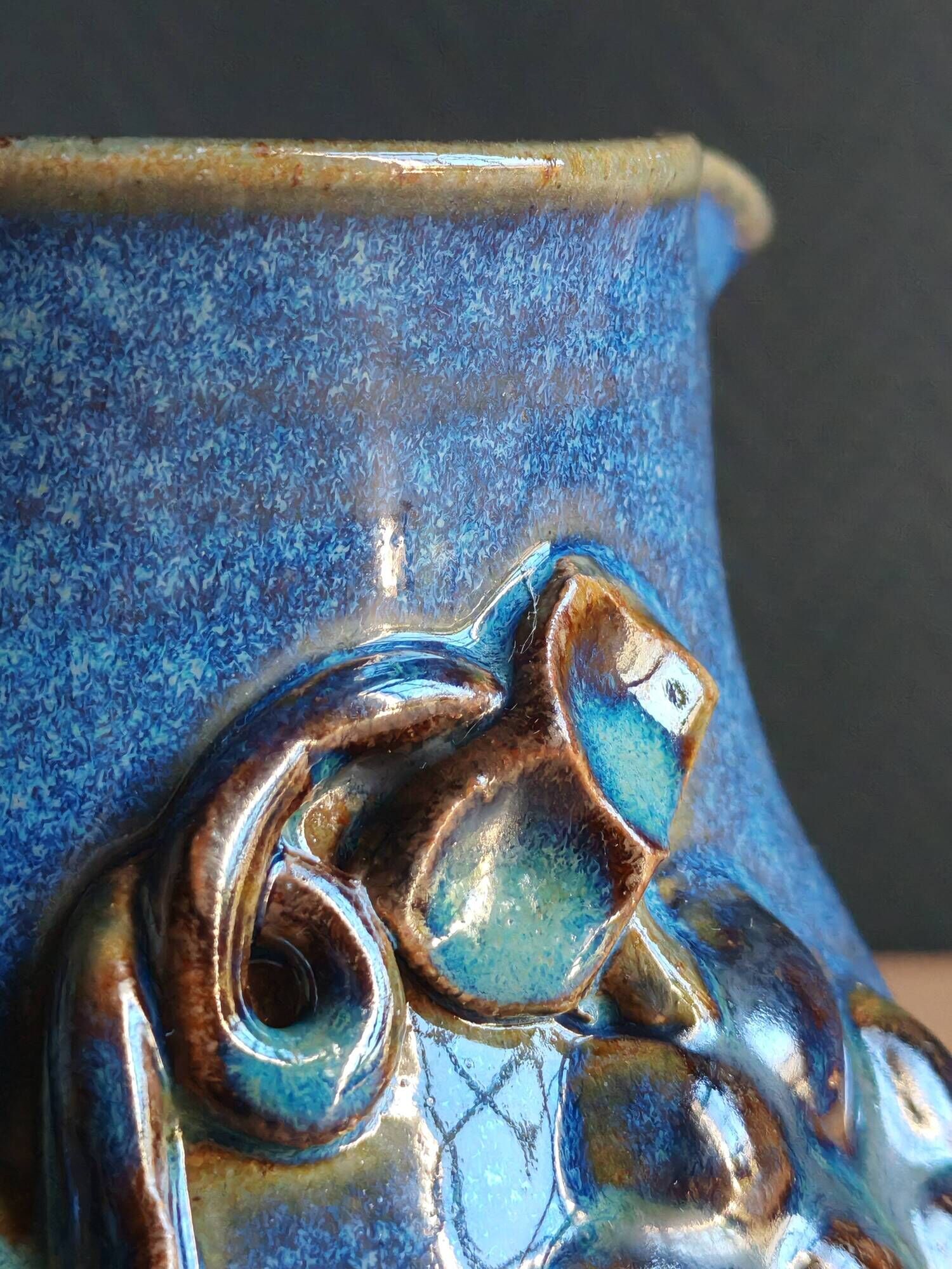 Vintage Blue Stoneware Jug with Grape Cluster Pattern, Ceramic Vase