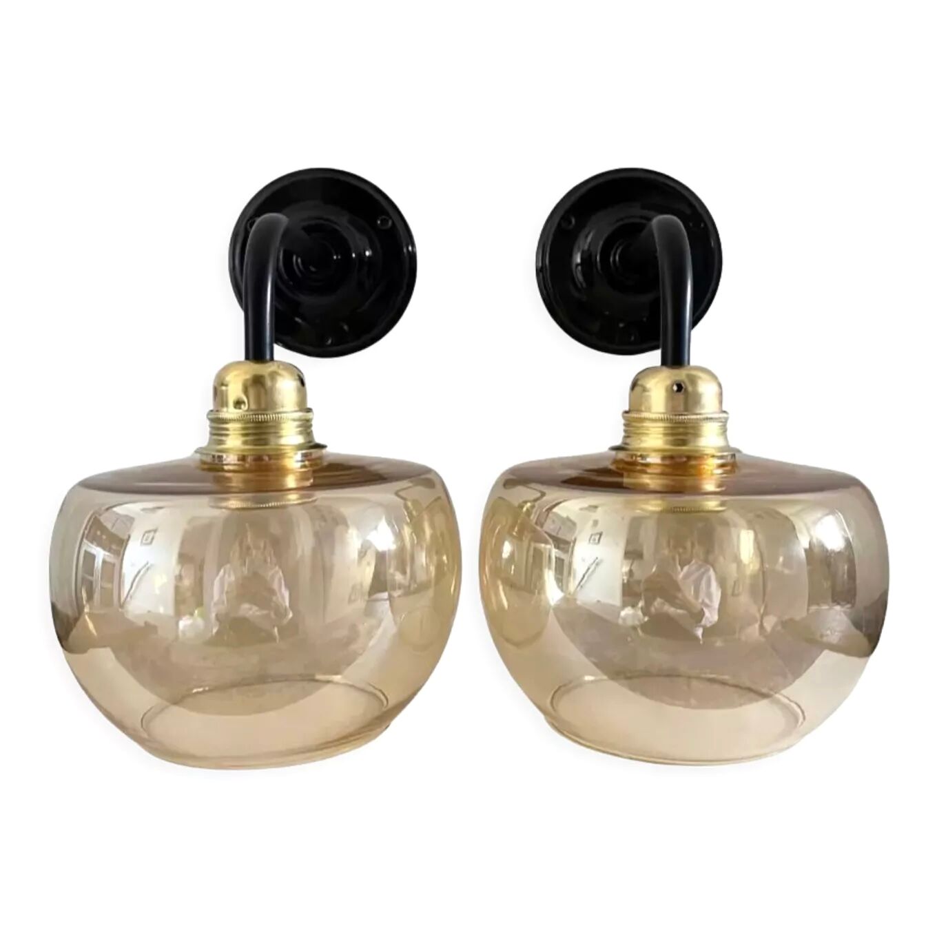 Pair of vintage amber glass wall lights