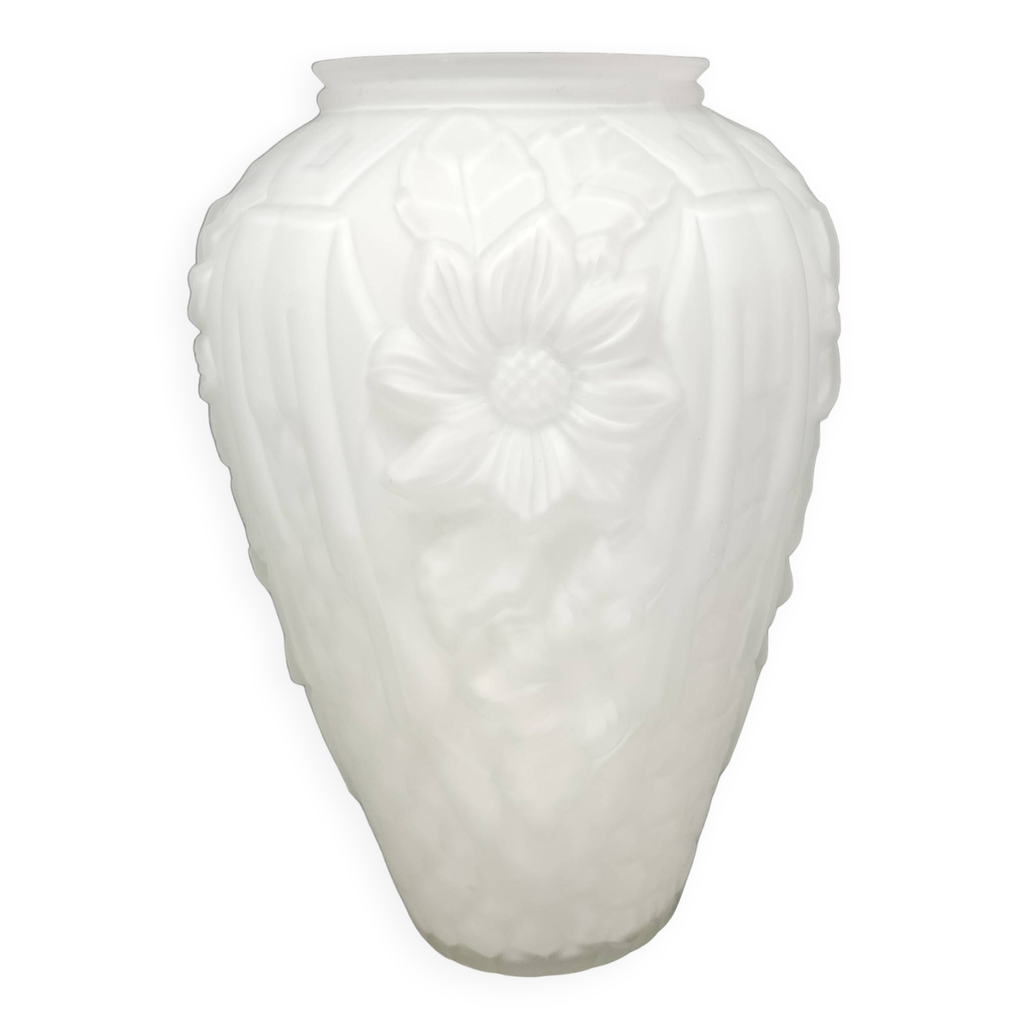 Large art deco glass vase with French floral decor H. 29.5 cm