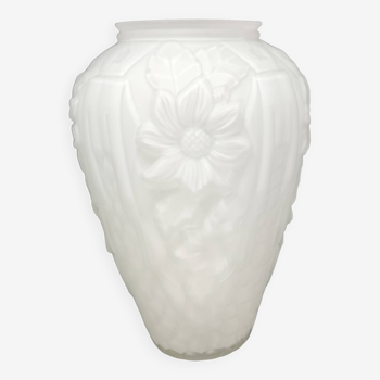 Grand vase art déco verre décor floral français H. 29,5 cm