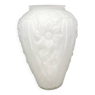 Grand vase art déco verre décor floral français H. 29,5 cm