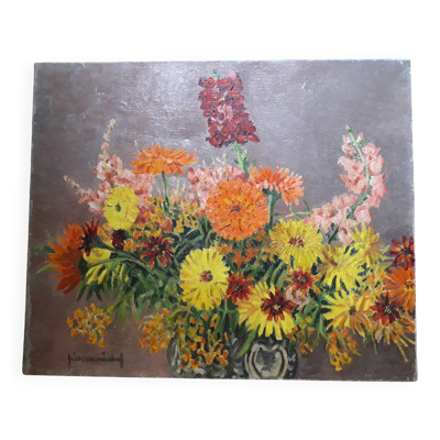 Tableau à l'huile ancien représentant un bouquet de fleurs