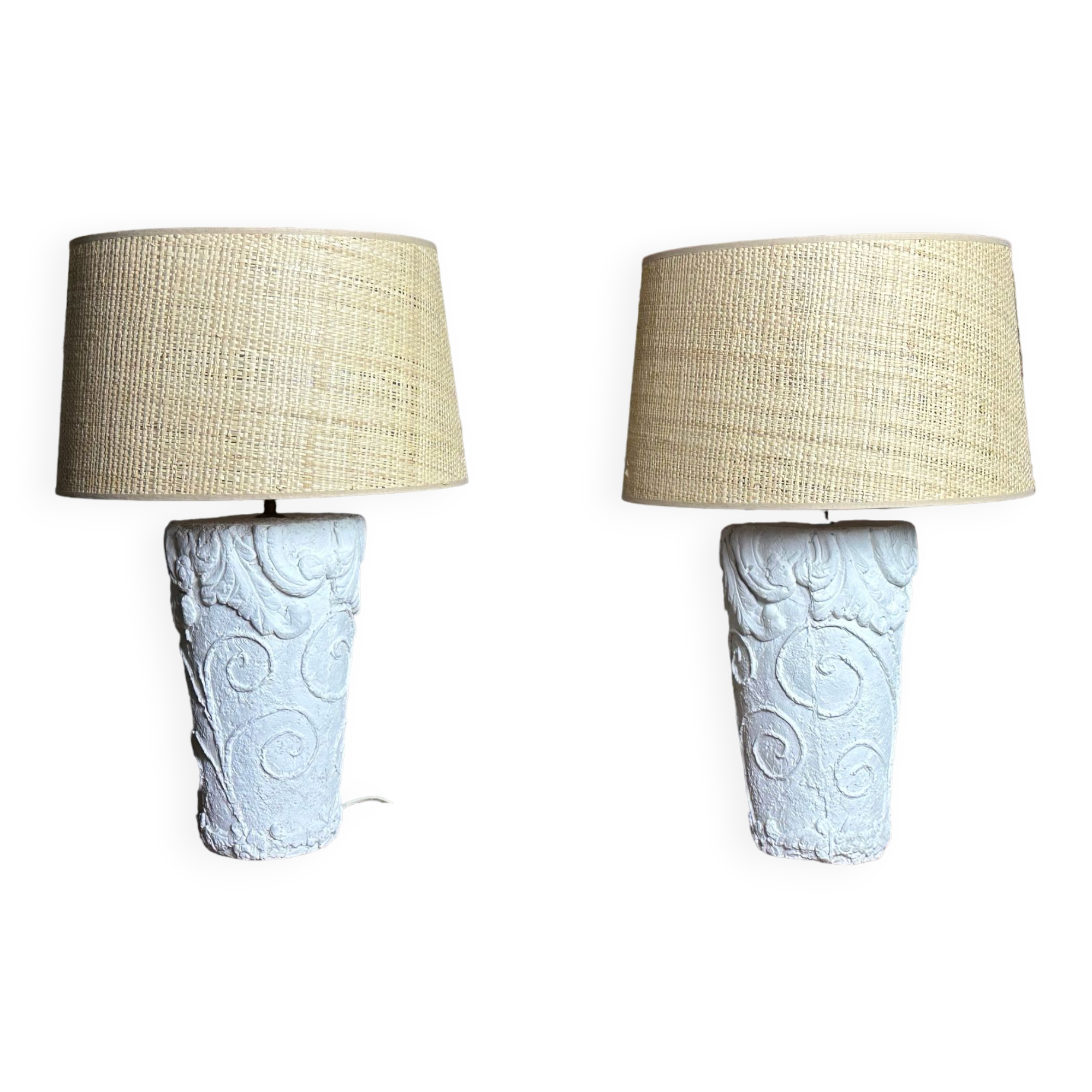 Lamps (set of 2) vintage 80'S in plaster and rattan lampshade