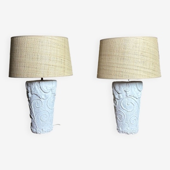 Lamps (set of 2) vintage 80'S in plaster and rattan lampshade