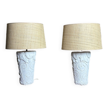 Lamps (set of 2) vintage 80'S in plaster and rattan lampshade