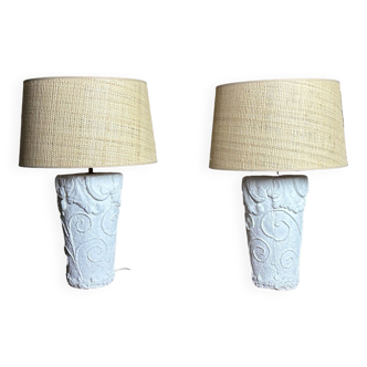 Lampes (lot de 2) vintage 80'S en plâtre et abat jour rotin