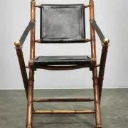 1970s French Folding Safari Chair in Teak, Black Leather and Brass