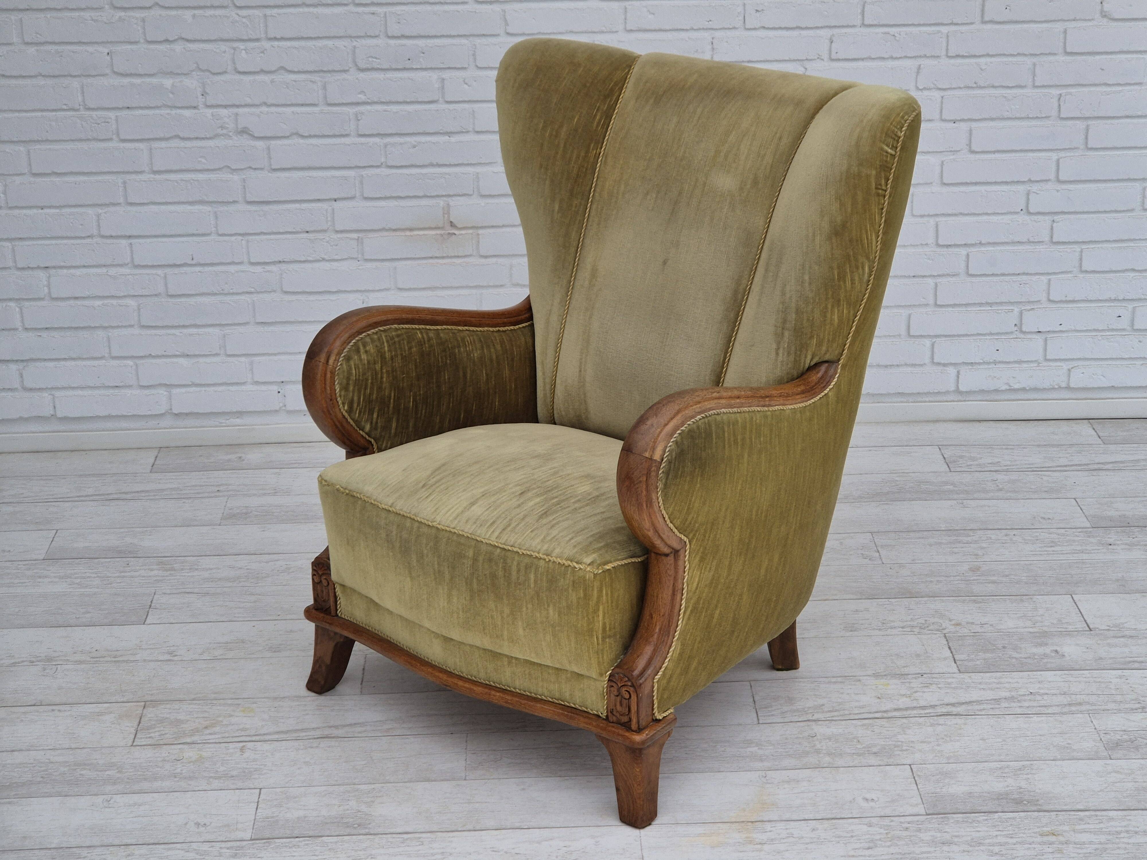 1960s, Danish armchair in original very good condition, furniture velour, oak wood.