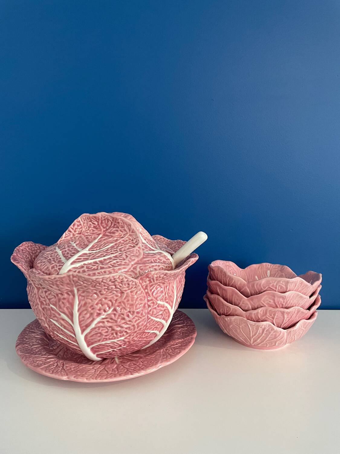 Soup tureen and bowl set with pink cabbage slip