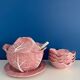 Soup tureen and bowl set with pink cabbage slip