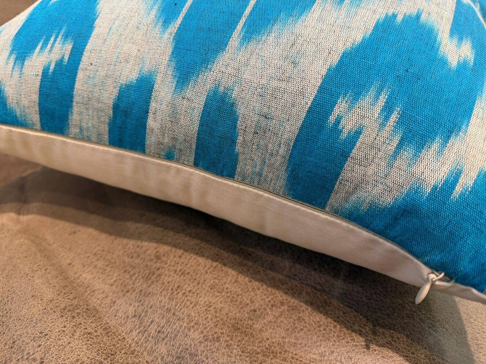 Vintage Silk Ikat Square Cushion Cover, Sky Blue White Arch Medallion 16x16