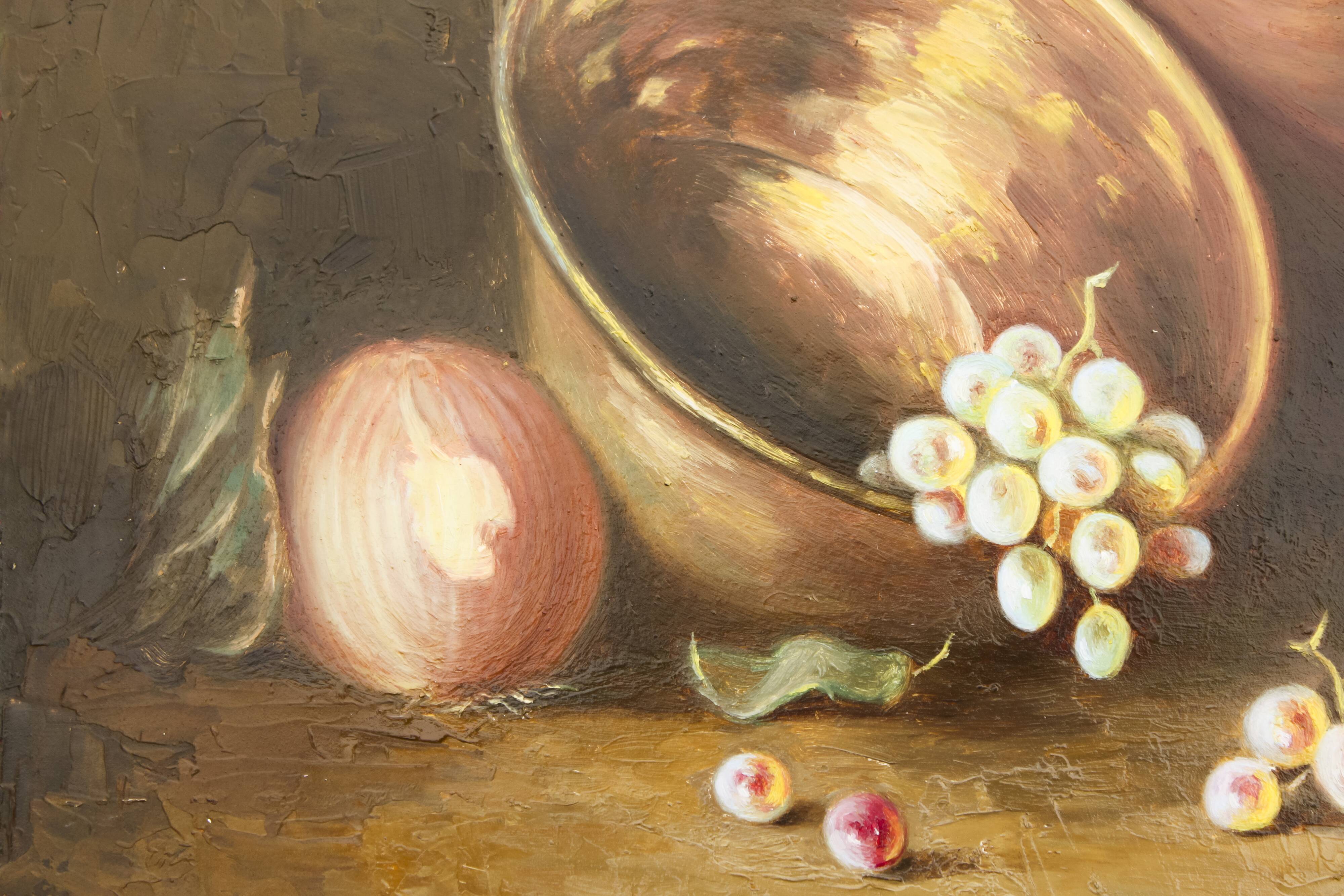 Cuadro al oleo con frutas. Bodegón con fruits y objects de cobre y barro.