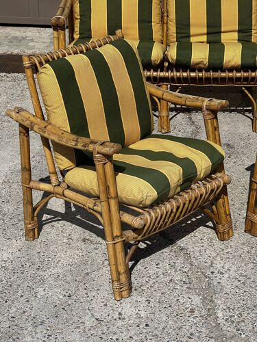 Ensemble canapé et 2 fauteuils en bambou Italie 1960