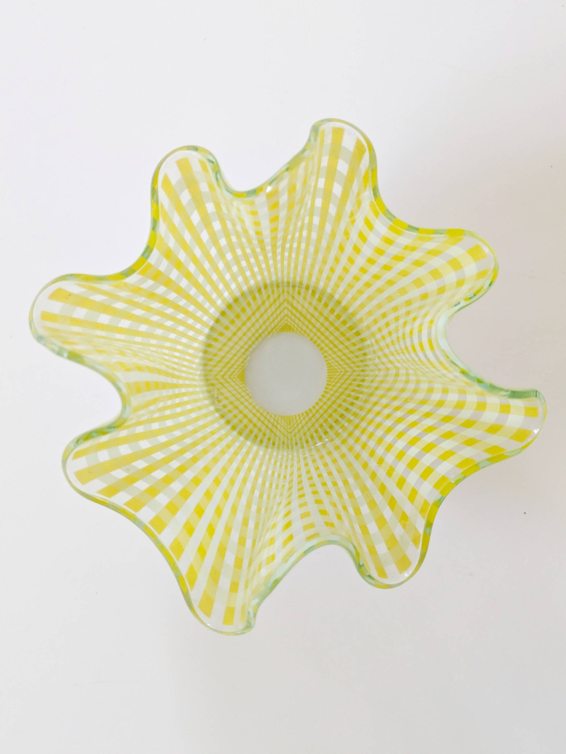 Pair of "Gingham" Chance Brothers cups with yellow checkered pattern and wavy edges.