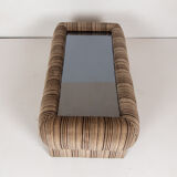 1970s vintage coffee table with velvet frame and glass top