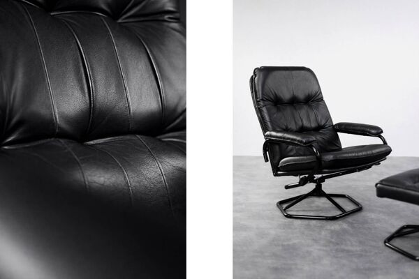 Vintage Mid-Century Danish Modern Black Leather Swivel Chair & Ottoman