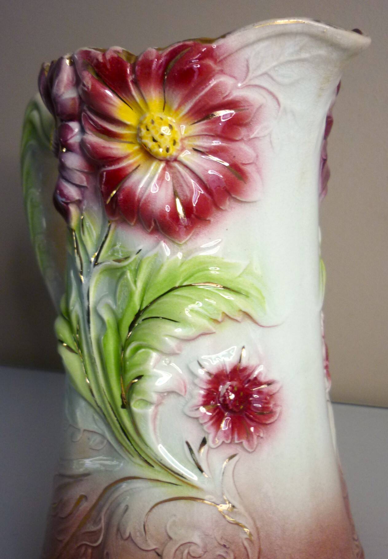 Barbotine pitcher, Onnaing earthenware, art nouveau ceramics, model no. 790