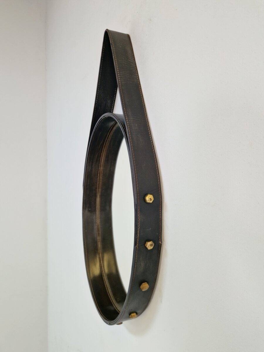 Florentine Oval Leather Mirror in Brass by Jacques Adnet, 1960s