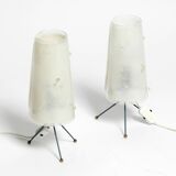Two very Mid Century Modern tripod table lamps with white plexiglas shades