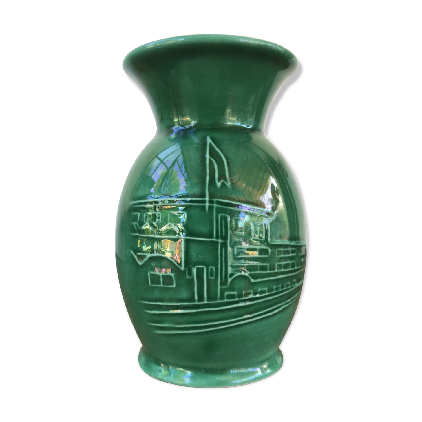 Old vase coop Noel 1955 ceramics green relief vintage decoration