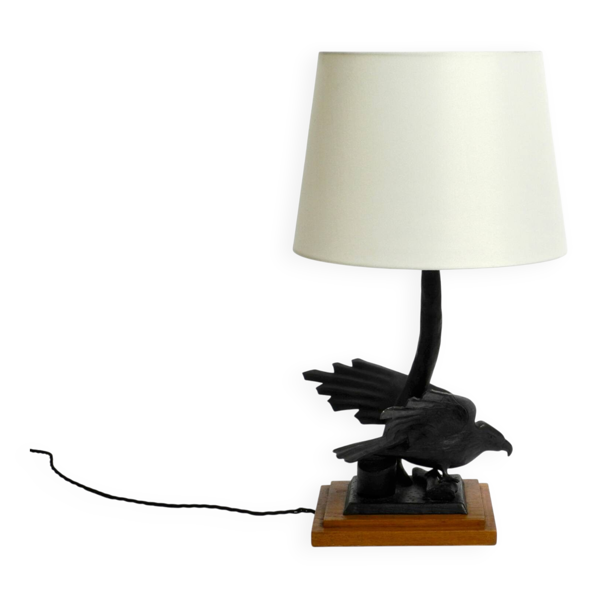 1940s table lamp made of iron in the shape of an eagle, teak wooden base