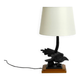1940s table lamp made of iron in the shape of an eagle, teak wooden base