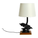 1940s table lamp made of iron in the shape of an eagle, teak wooden base