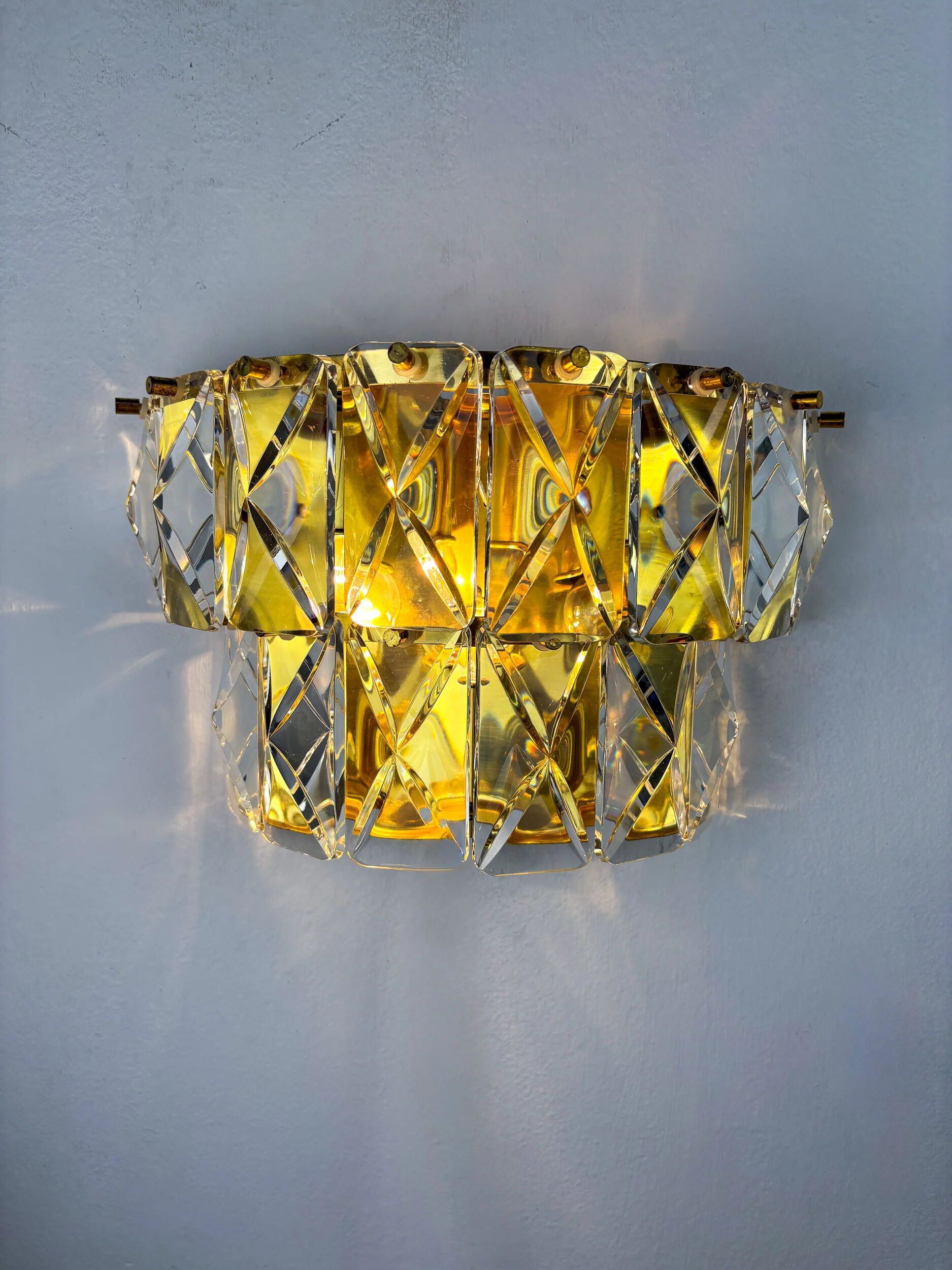 Pair of Kinkeldey 2-tier cut crystal wall sconces, gilt brass, Germany, 1970s
