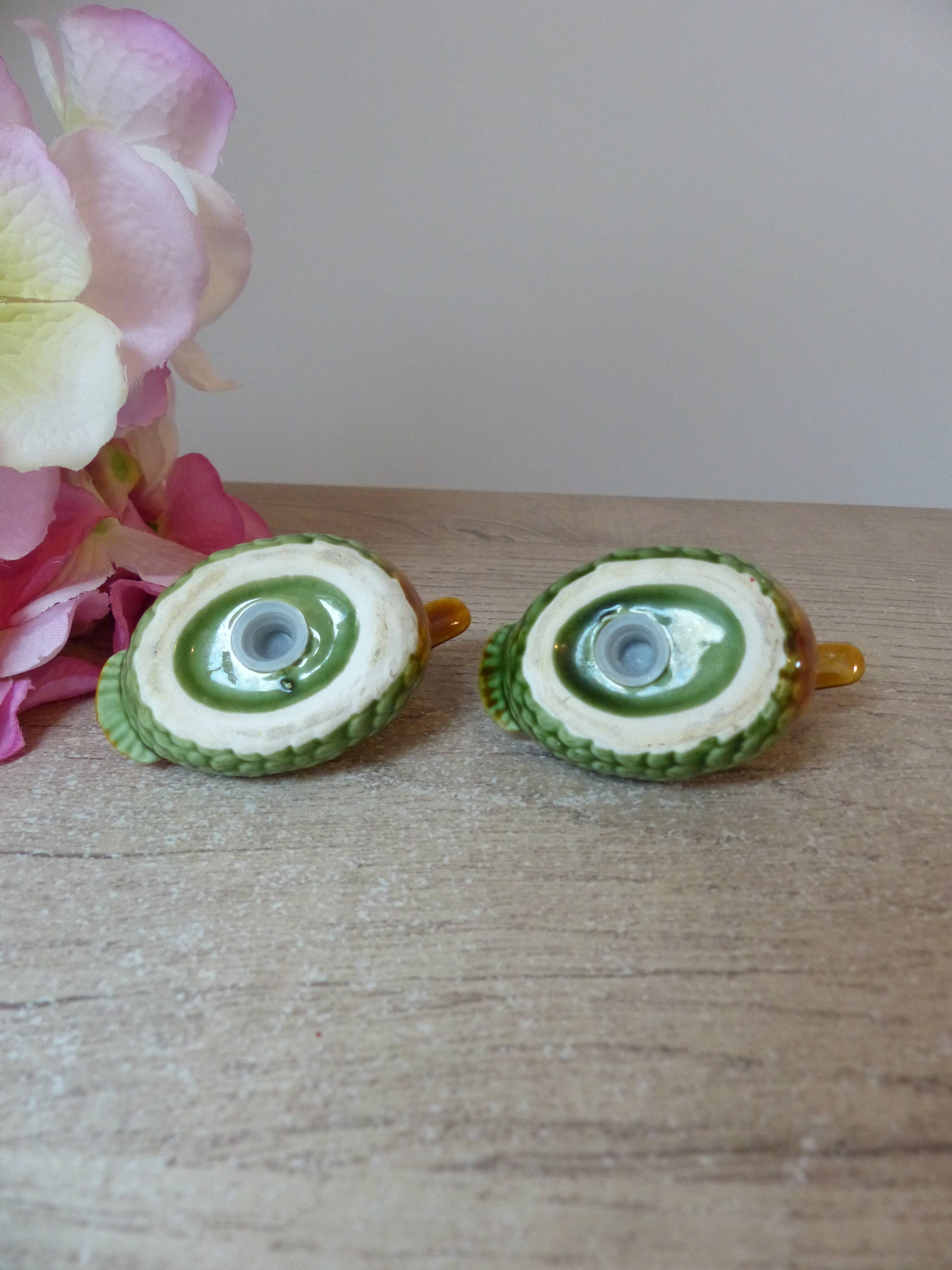 Ensemble salière et poivrière en forme de canards barbotine verts et jaunes vintage