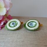 Ensemble salière et poivrière en forme de canards barbotine verts et jaunes vintage