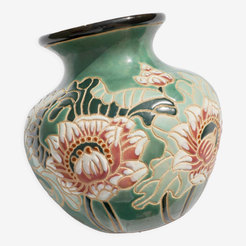 Vase en céramique décor de fleurs japonisantes