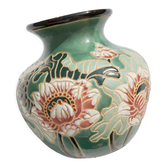 Vase en céramique décor de fleurs japonisantes