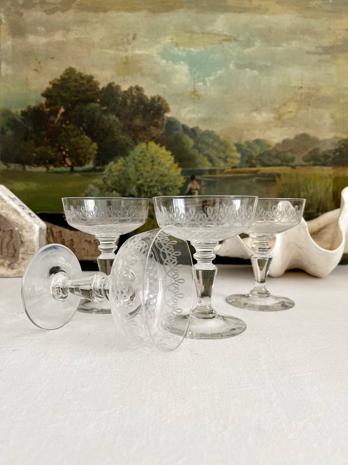 4 antique crystal champagne glasses with interlacing engraving
