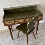 Wooden dressing table with olive green chair and floral patterns