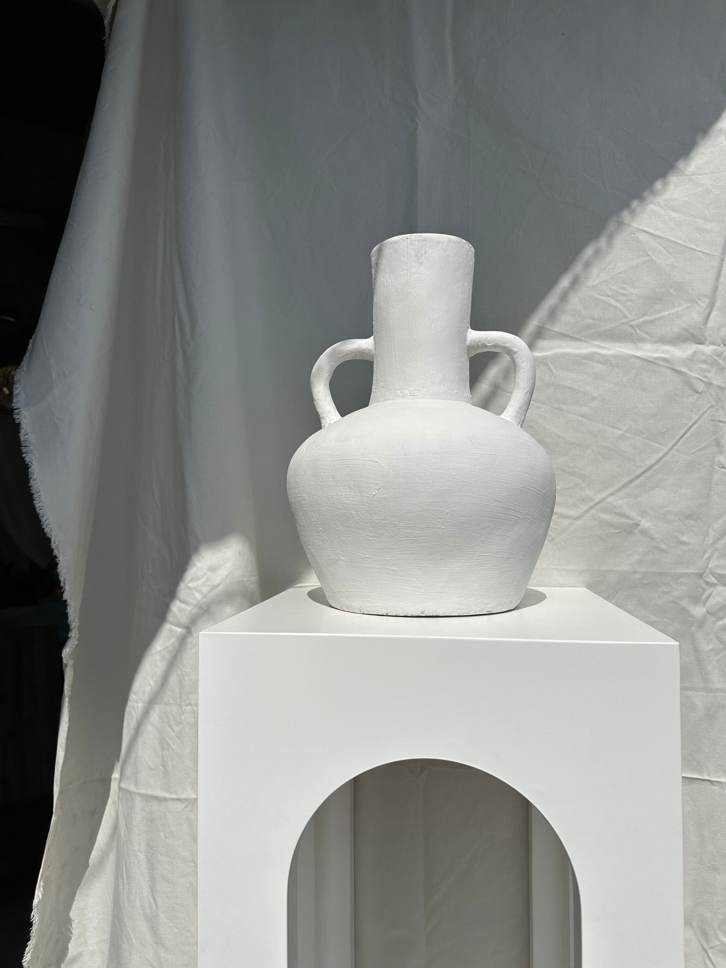 Handcrafted terracotta vase painted white with double handles h:40 d:30